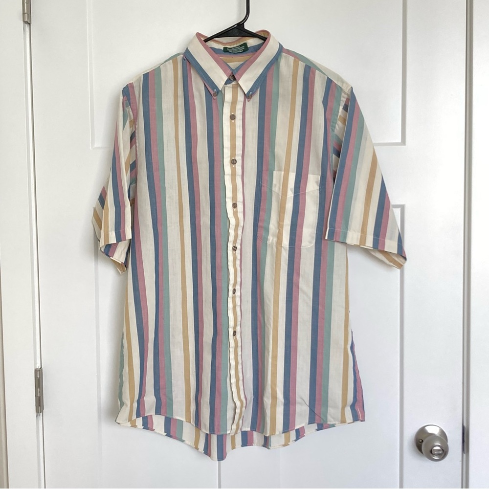Savior Row Men’s Colorful Stripes Button Down Shirt, Shoer Sleeves, Size L